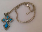 Lenox Turquoise Cross Necklace Blue Topaz Stone Sterling Silver Chain 18" NEW4