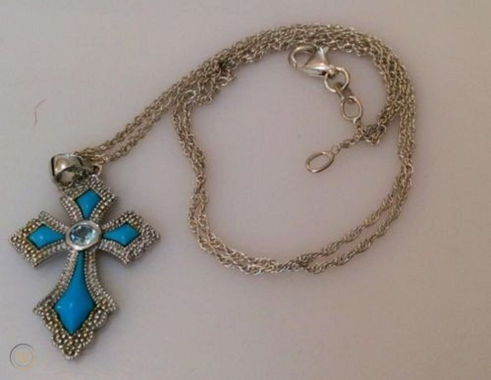 Lenox Turquoise Cross Necklace Blue Topaz Stone Sterling Silver Chain 18" NEW4