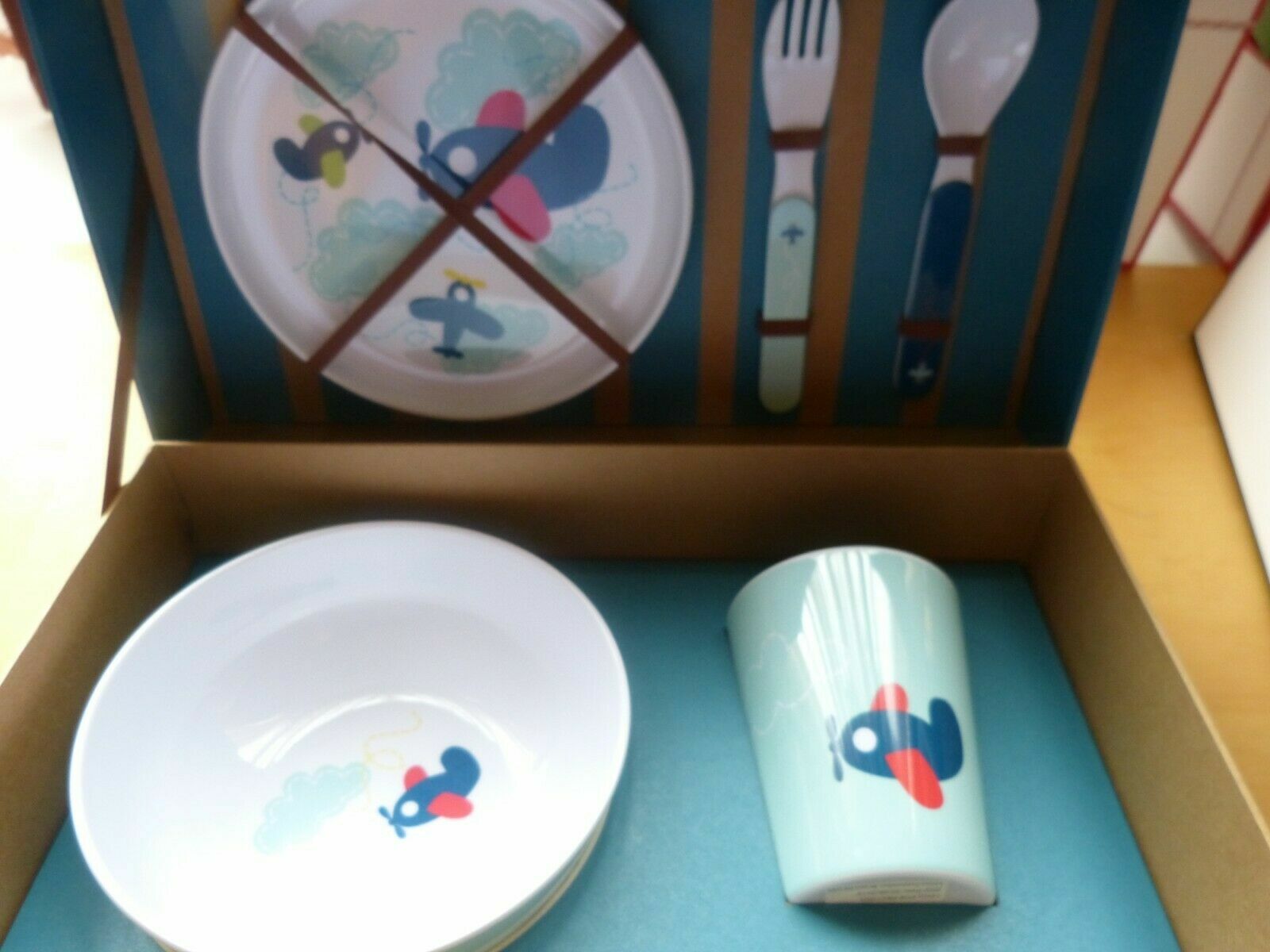 Reed & Barton Child Dinnerware Set Melamine 5 PC Plane Picnic Box Zoom Zoom NEW1