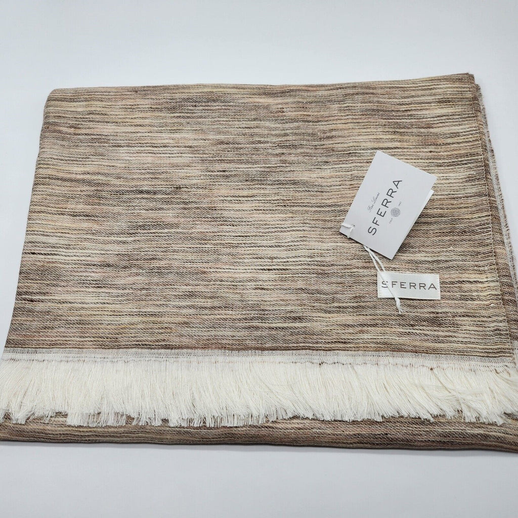Sferra Pebble Throw Blanket Fringe Linen Woven Linear Design Oversized Italy NEW0
