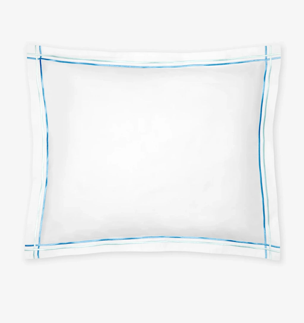 Sferra Tratto White Standard Sham Blue Satin Stitch Lines Embroidery  Italy NEW12