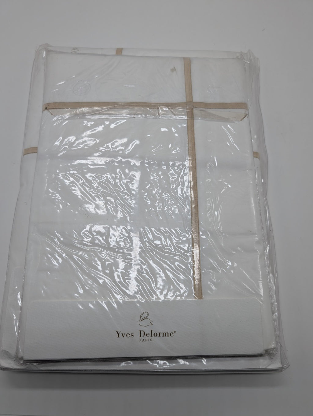 Yves Delorme Athena Queen Duvet Set 3PC Tan Stripes Egyptian Percale 500TC NEW12