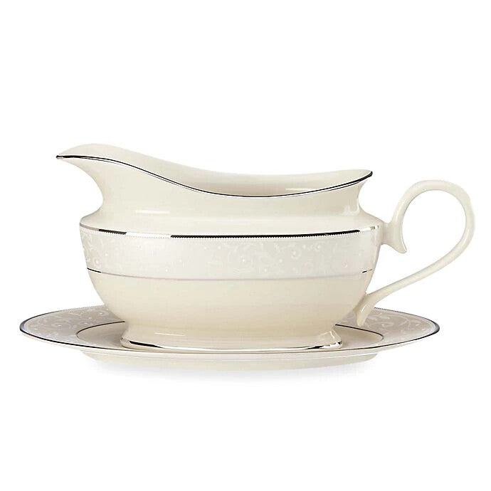 Lenox Pearl Innocence Gravy Boat & Stand Sauce 2PC Platinum Enamel USA NEW BOXED2