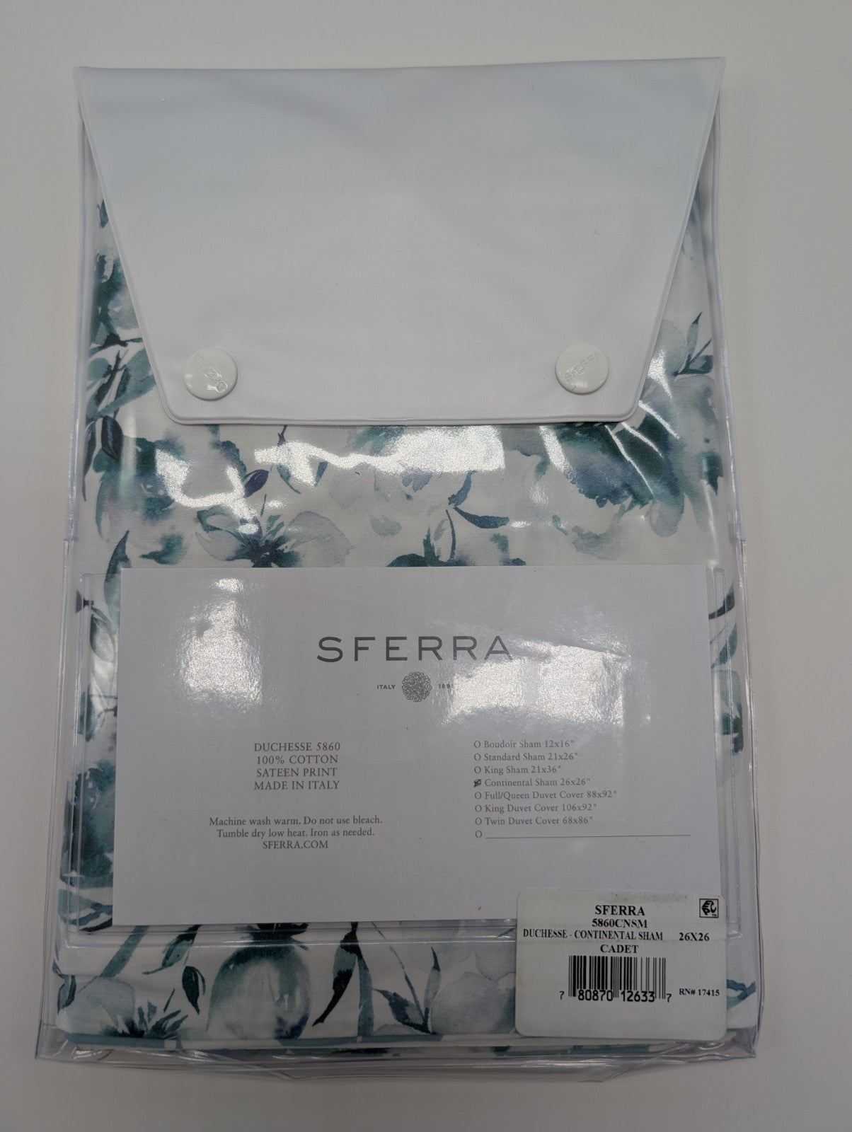 Sferra Duchesse Cadet Euro Sham Blue Floral Print Reversible Sateen Italy NEW1