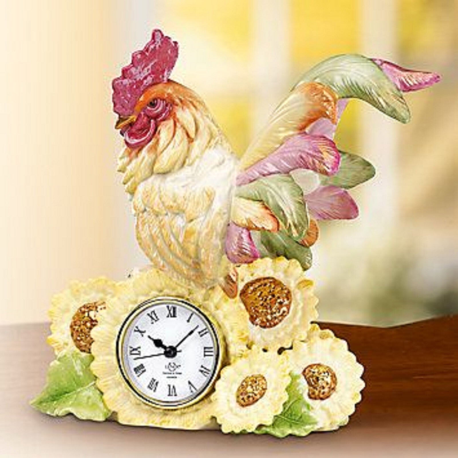 Lenox Rooster Clock Figurine Country Gentleman Colorful Sunflowers Quartz 9" NEW5