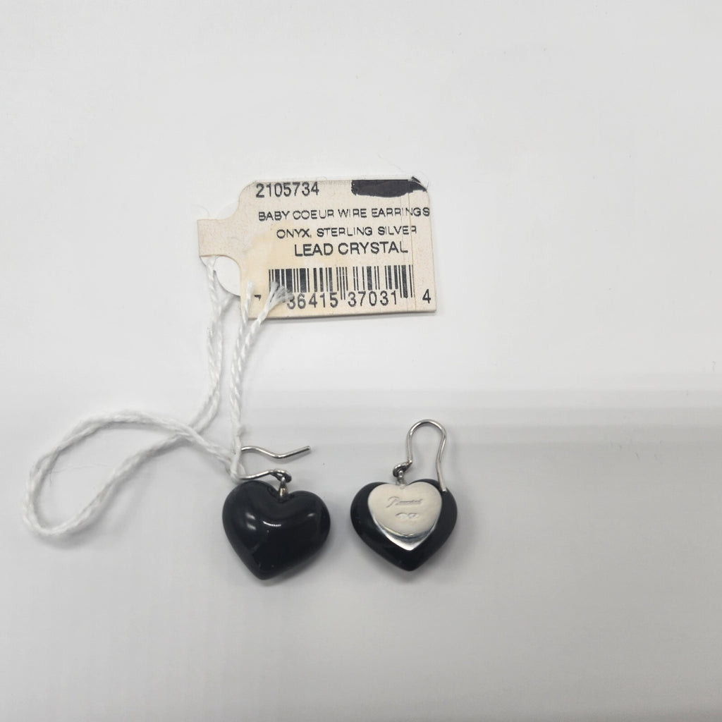 Baccarat Crystal Onyx Heart Earrings Coeur Sterling Silver Wire Drop 1.25" NEW2
