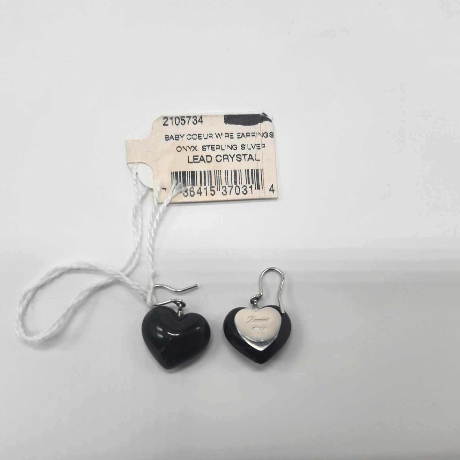Baccarat Crystal Onyx Heart Earrings Coeur Sterling Silver Wire Drop 1.25" NEW2