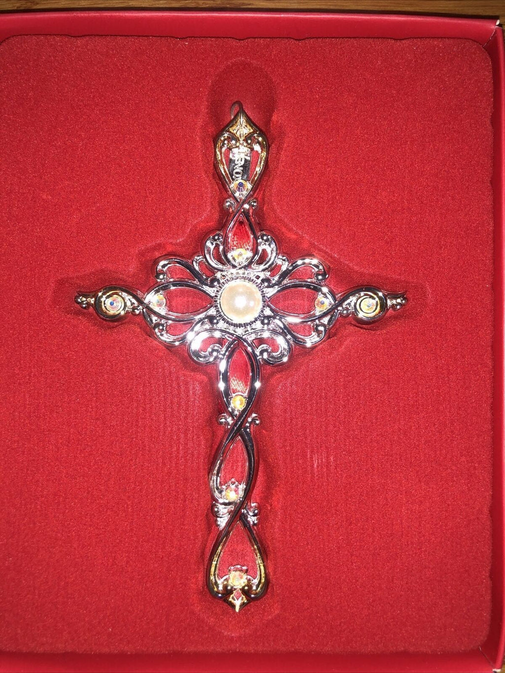 Lenox Gemmed Cross Ornament Filigree Silver Pearl Crystals 2015 Christmas NEW11