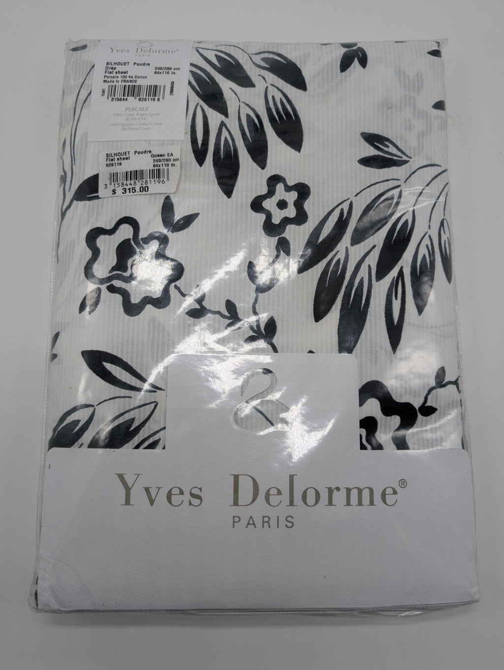 Yves Delorme Silhouette Queen Flat Sheet Black White Print Pink Cuff Percale NEW12