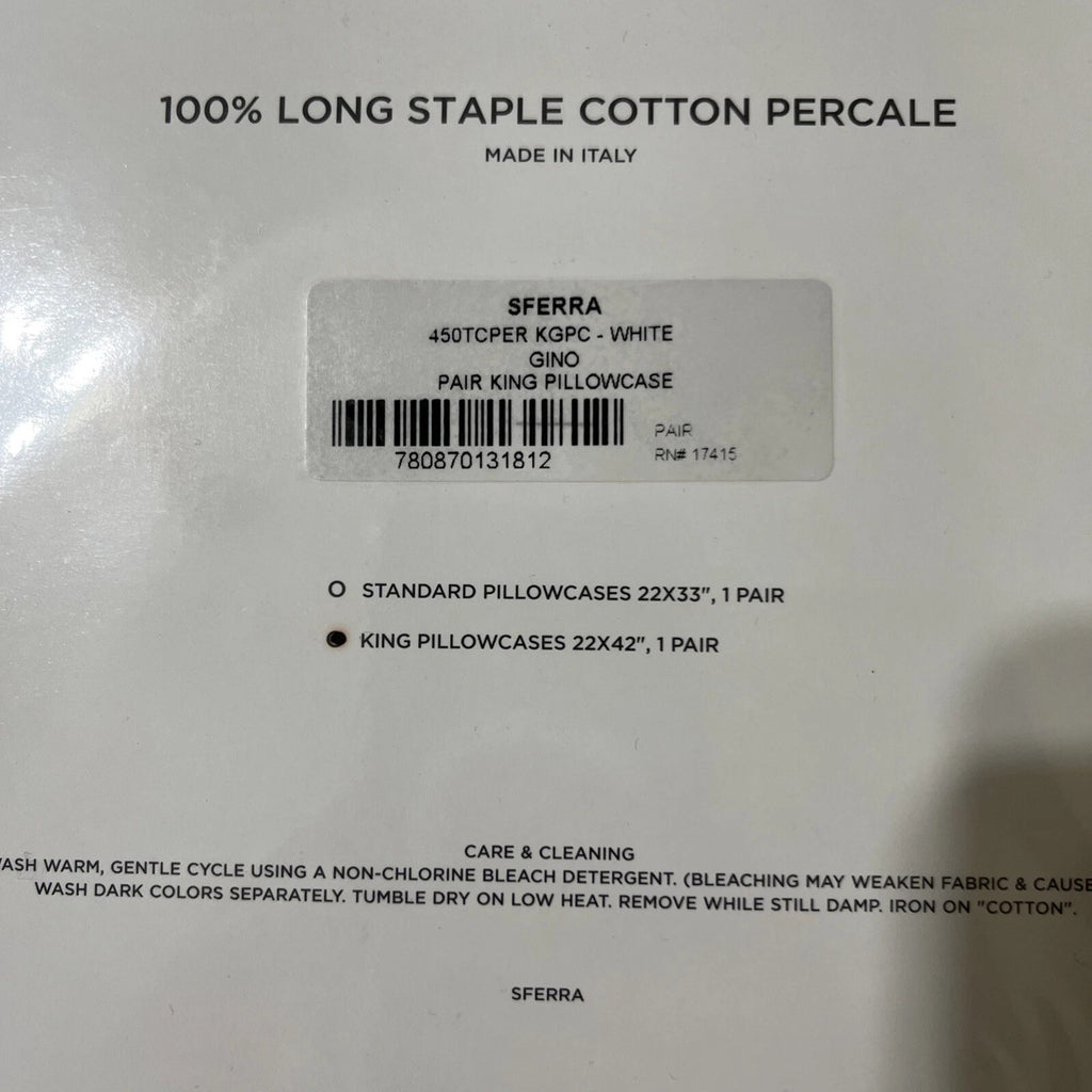 Sferra Gino White King Pillowcases 2 Solid 100% Cotton Percale 450TC Italy NEW8
