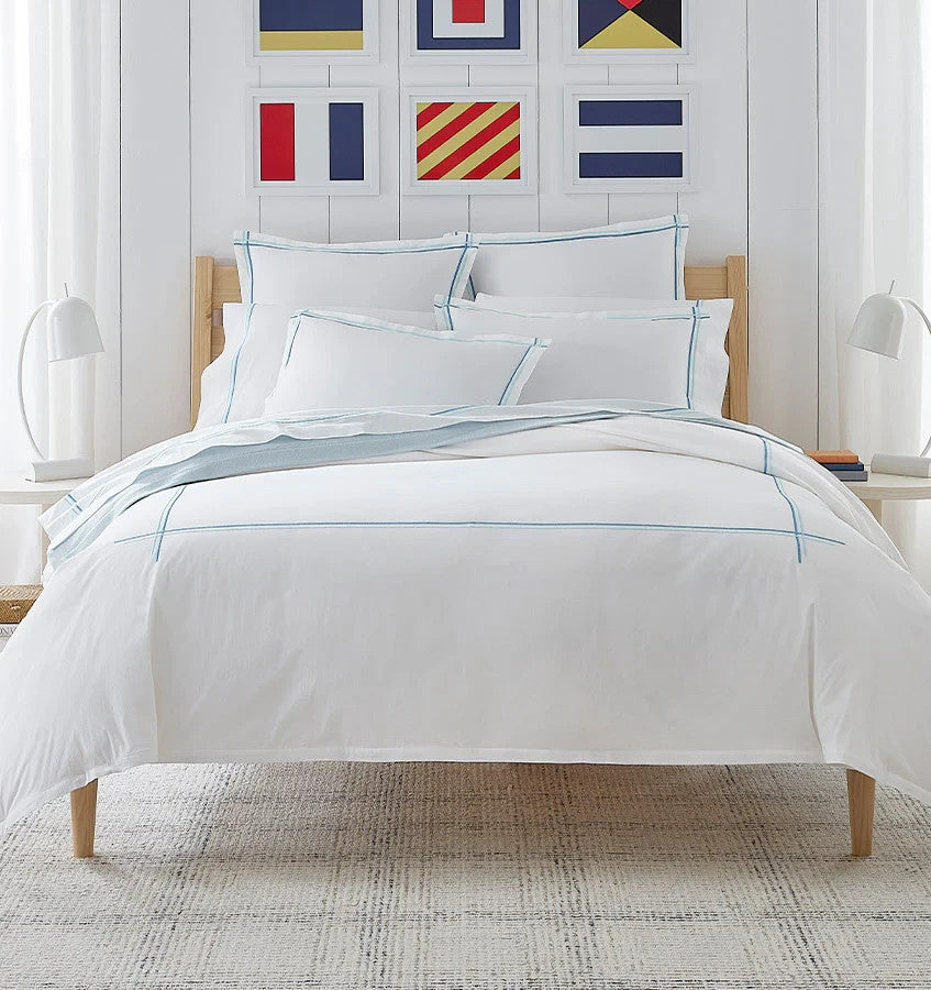 Sferra Tratto White Queen Duvet Blue Satin Stitch Line Embroidery Italy NEW1