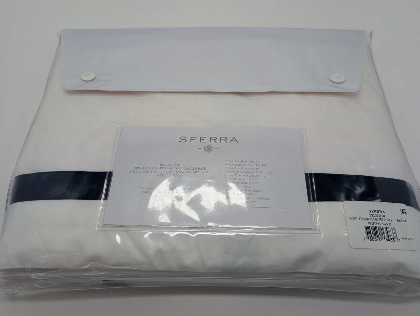 Sferra Estate White Queen Duvet Navy Applique Stripe Cotton Percale Italy NEW1