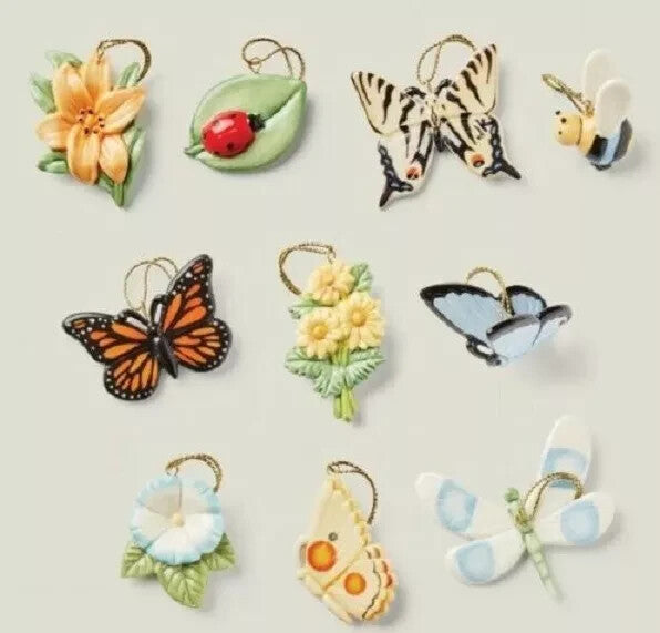 Lenox Butterfly Meadow Miniature Tree Ornaments 10 PC Dragon Fly Lady Bug NEW4