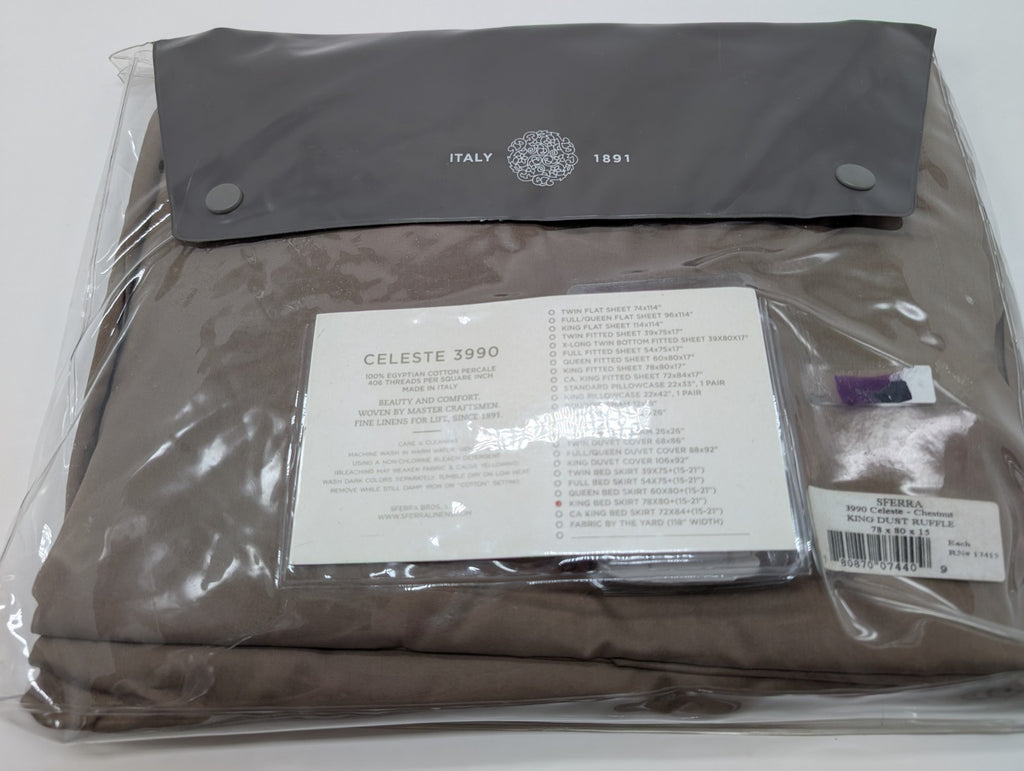Sferra Celeste Brown King Bed Skirt Chestnut 3 Gathered Panels Cotton Italy NEW9