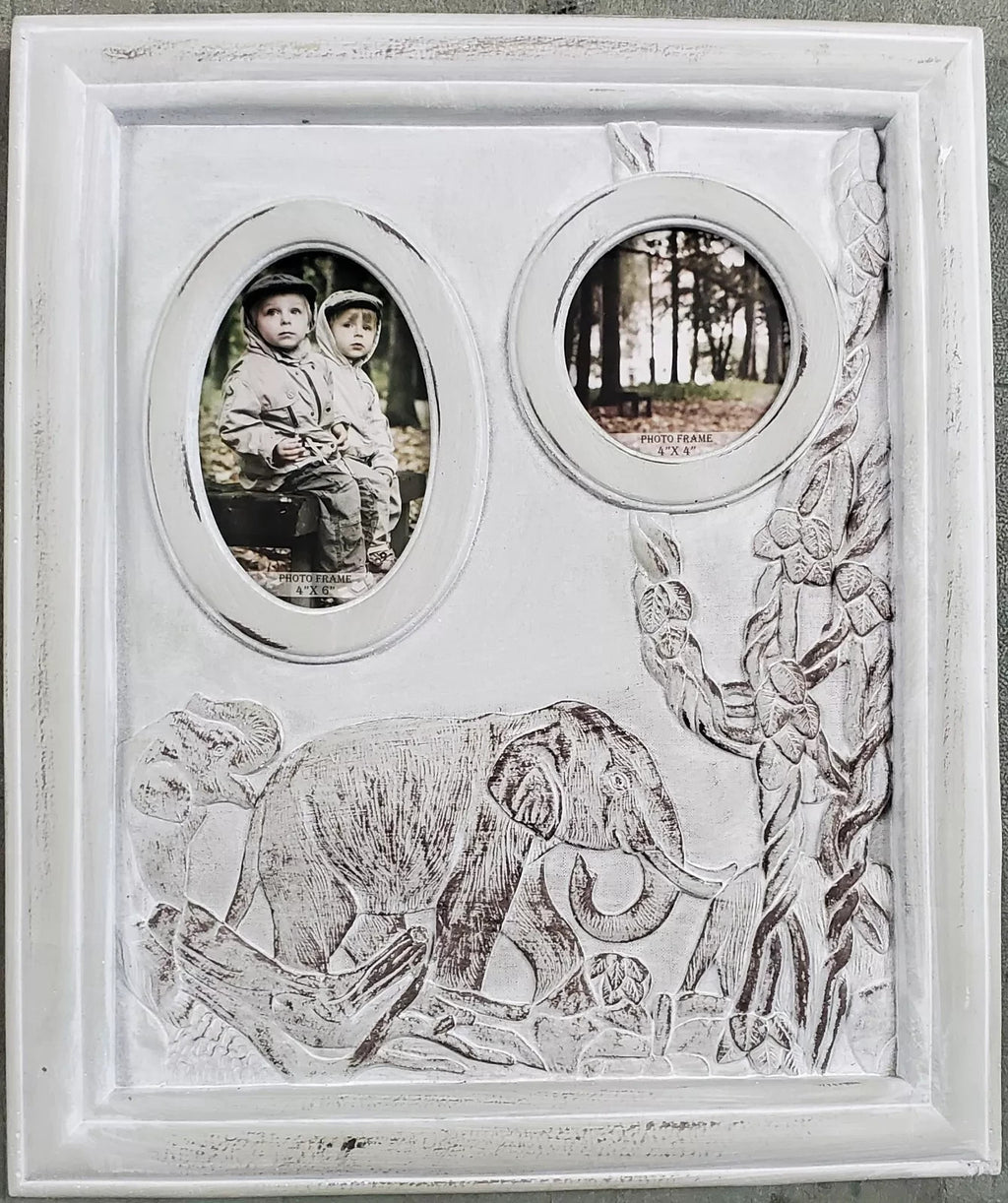 Lenox Safari Elephant Double Window Photo Frame Ivory Carved Antiqued 17" NEW1