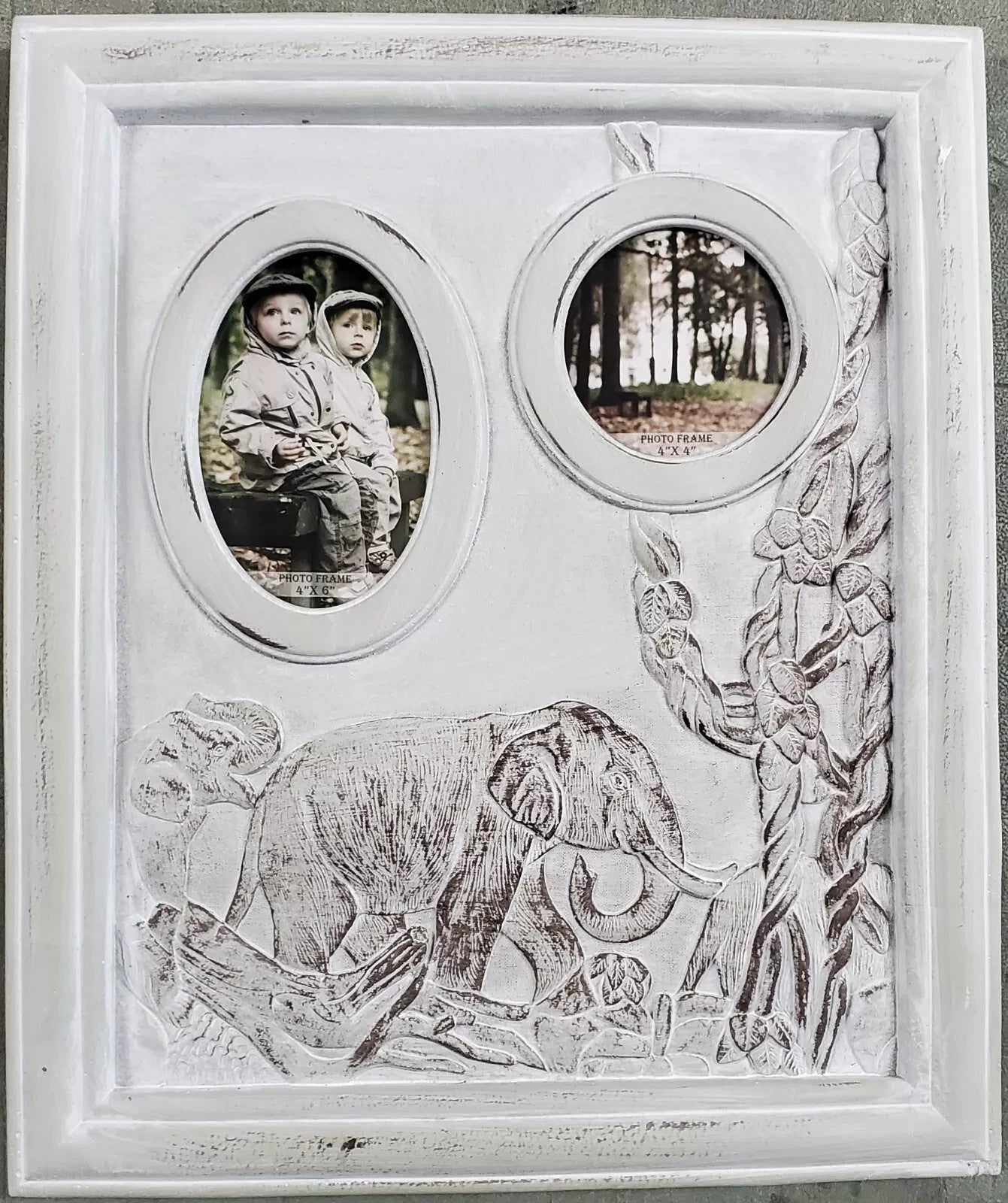 Lenox Safari Elephant Double Window Photo Frame Ivory Carved Antiqued 17" NEW1