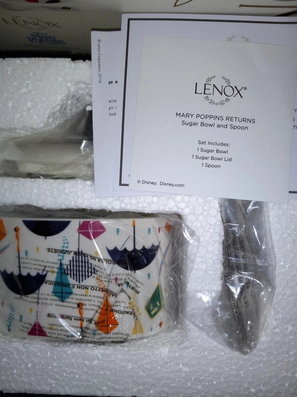 Lenox Disney Mary Poppins Returns Sugar Bowl With Lid  Spoon Kite Umbrella  NEW7
