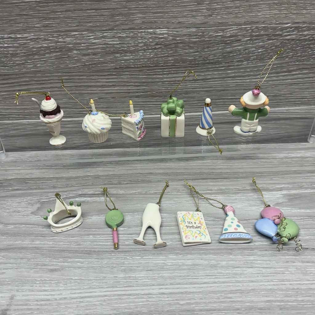 Lenox Happy Birthday Mini Ornaments 10 & Tree Hat Crown Cake Clown Balloons NEW8