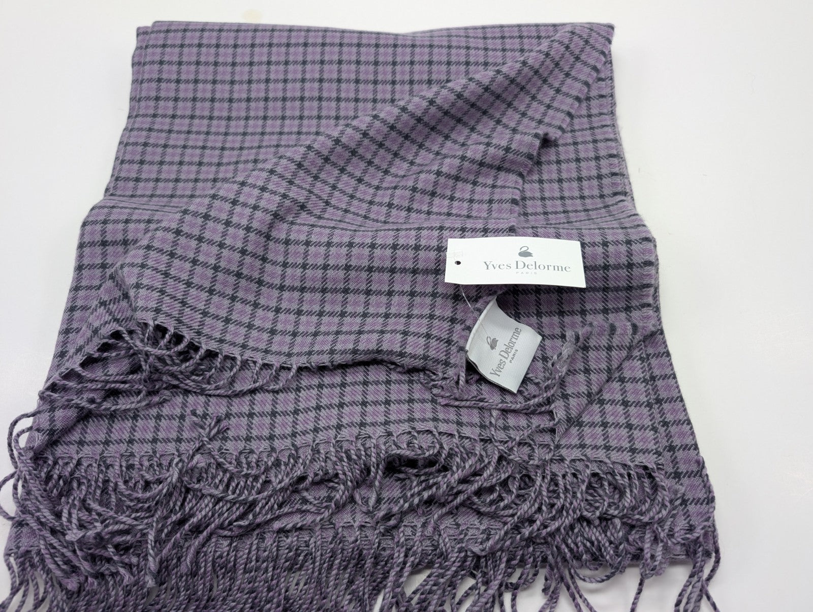 Yves Delorme Purple Gabriel Throw Blanket Fringed Houndstooth Merino Wool NEW1