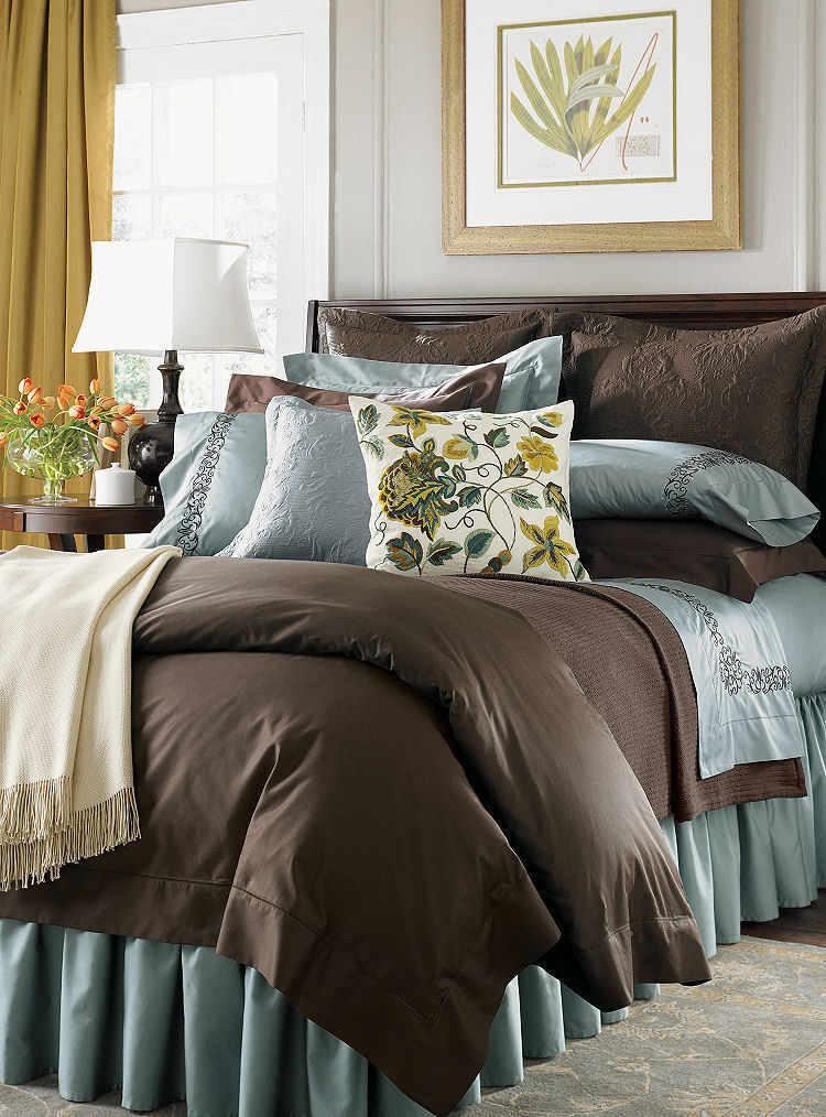 Sferra Monroe Blue King Bedskirt 3PC Solid Chocolate Gathered 100% Cotton NEW0