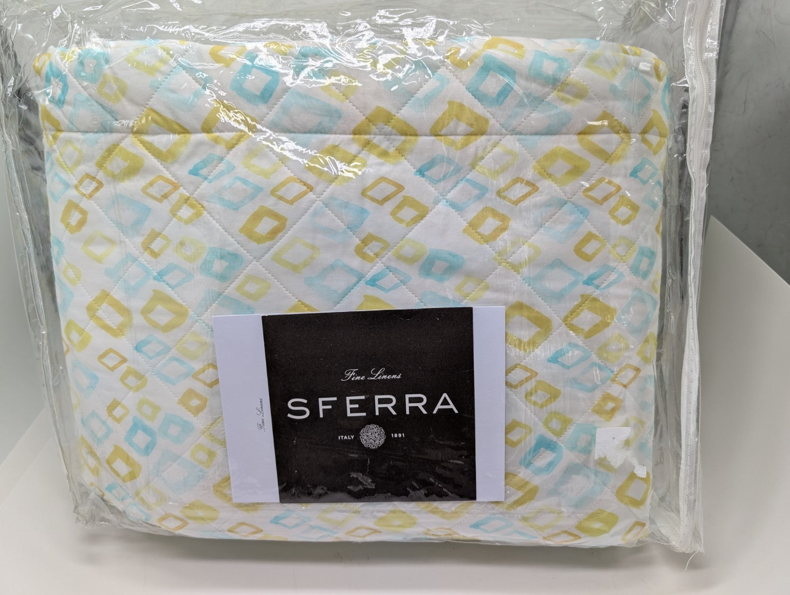 Sferra Geometrico Queen Quilt Aqua Yellow Diamond Cotton Percale Print Italy NEW0