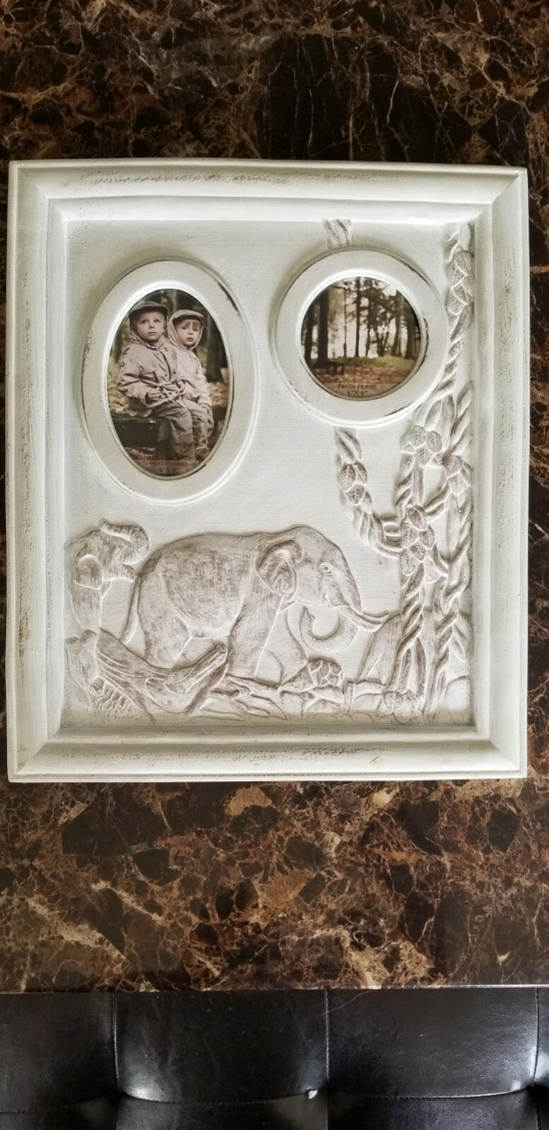 Lenox Safari Elephant Double Window Photo Frame Ivory Carved Antiqued 17" NEW8