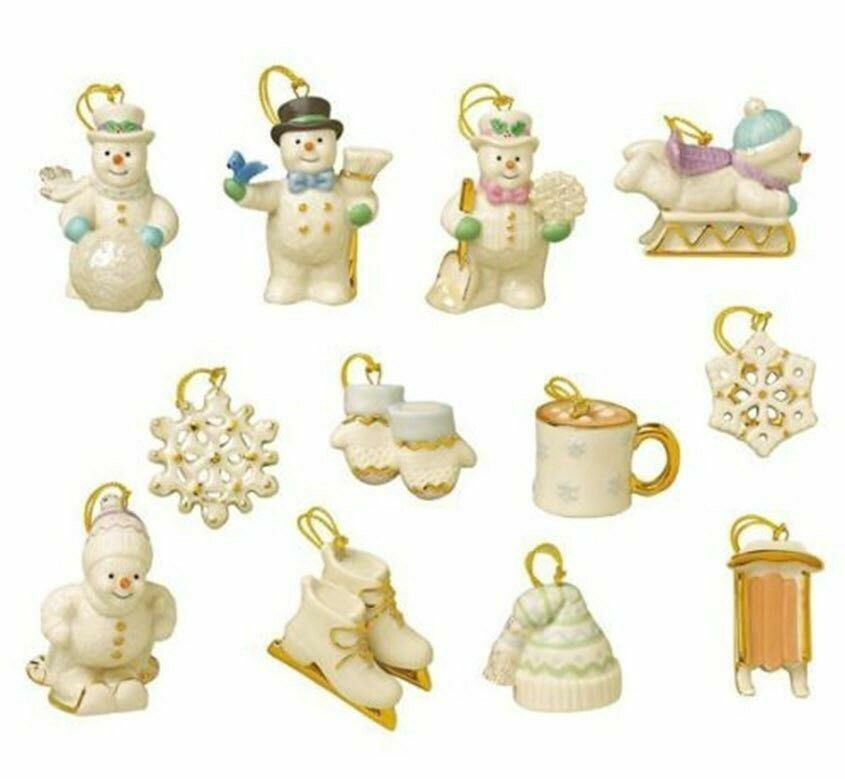 Lenox Snow Pals Snowman Miniature Tree Ornaments Set 12 PC Winter Skis Sled NEW0