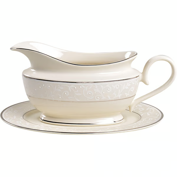 Lenox Pearl Innocence Gravy Boat & Stand Sauce 2PC Platinum Enamel USA NEW BOXED7