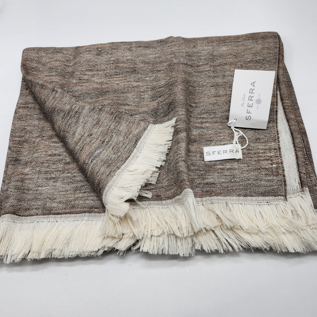 Sferra Taupe Linen Throw Blanket Fringed Woven Linear Design Oversized Italy NEW6