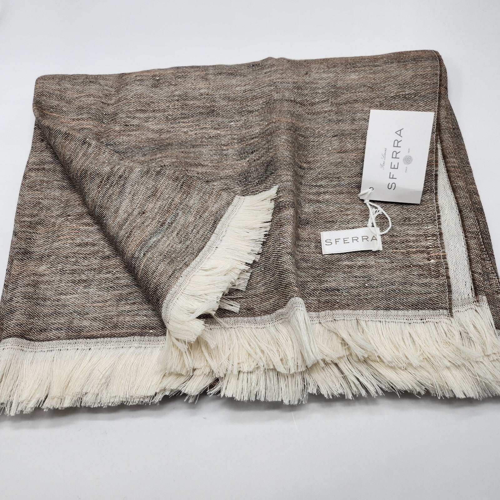 Sferra Taupe Linen Throw Blanket Fringed Woven Linear Design Oversized Italy NEW6