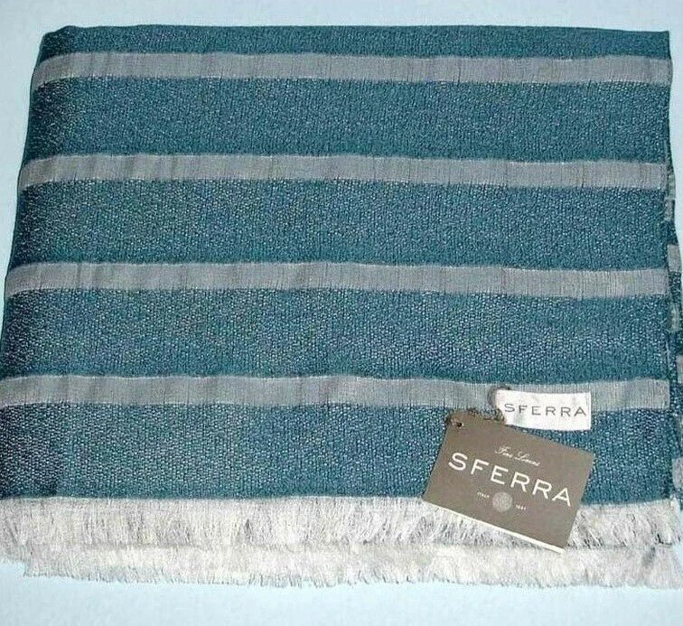 Sferra Marice Blue Throw Blanket Stripes Fringed Wool Silk Oversized Italy NEW9