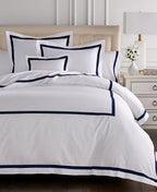 Sferra Estate White Queen Duvet Navy Applique Stripe Cotton Percale Italy NEW2