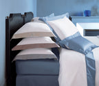 Yves Delorme Cocon White King Shams Pair Baltic Blue Border Cotton Sateen NEW2