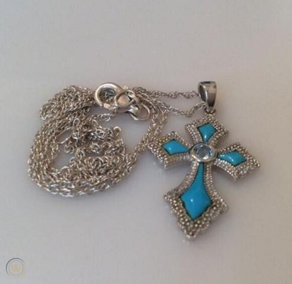 Lenox Turquoise Cross Necklace Blue Topaz Stone Sterling Silver Chain 18" NEW5