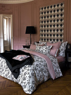 Yves Delorme Silhouette Queen Flat Sheet Black White Print Pink Cuff Percale NEW6