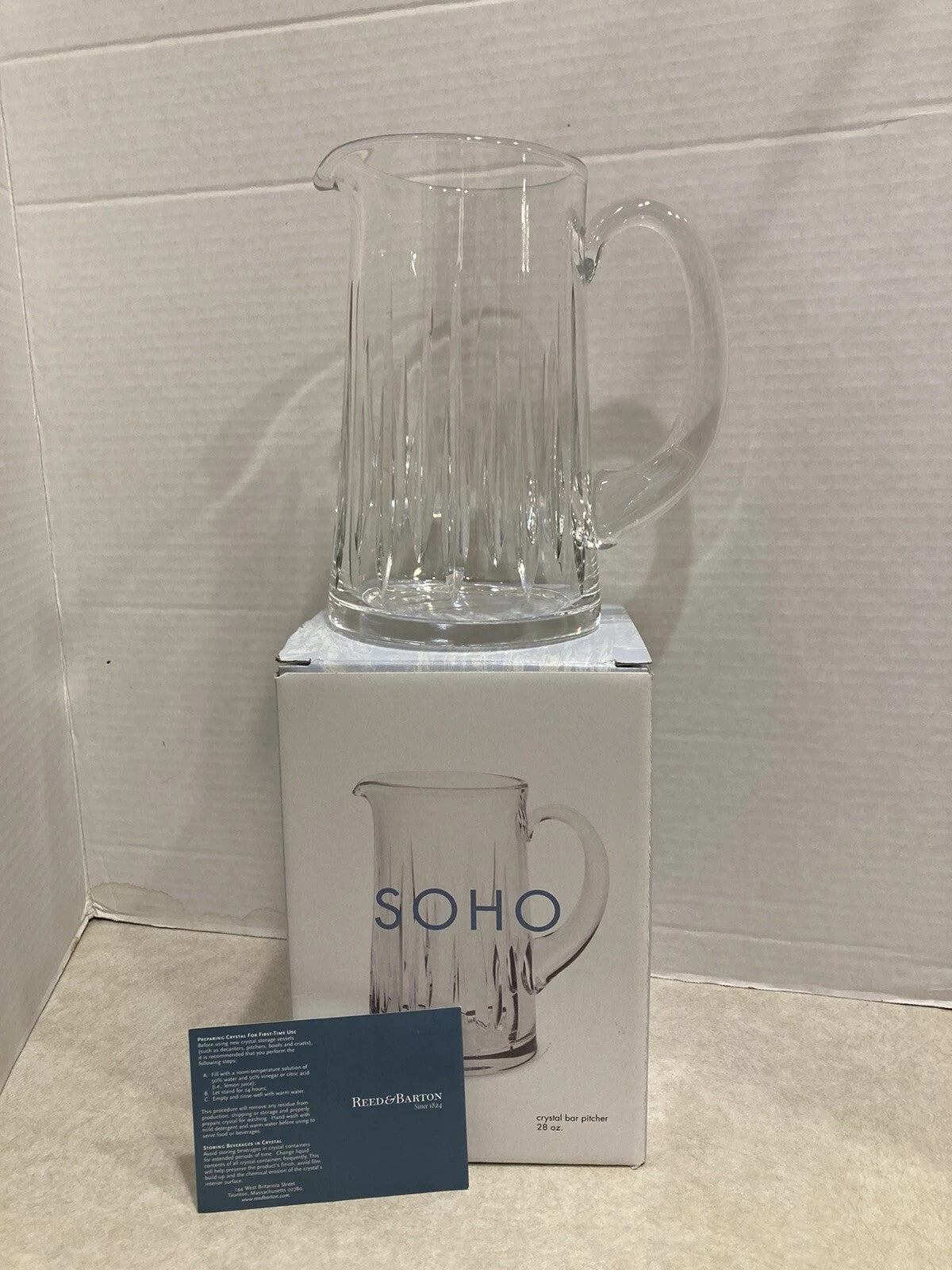 Reed & Barton Crystal Soho Pitcher 9.5" Clear Tapered Vertical Cut 1.5Qt. NEW10