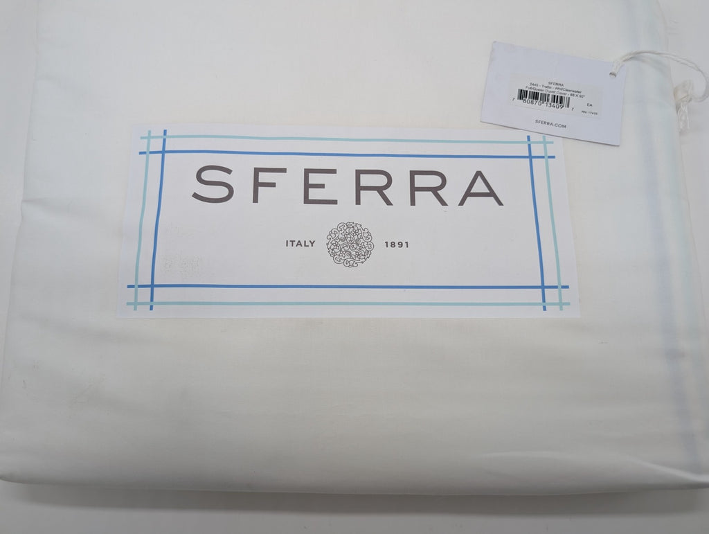 Sferra Tratto White Queen Duvet Blue Satin Stitch Line Embroidery Italy NEW0