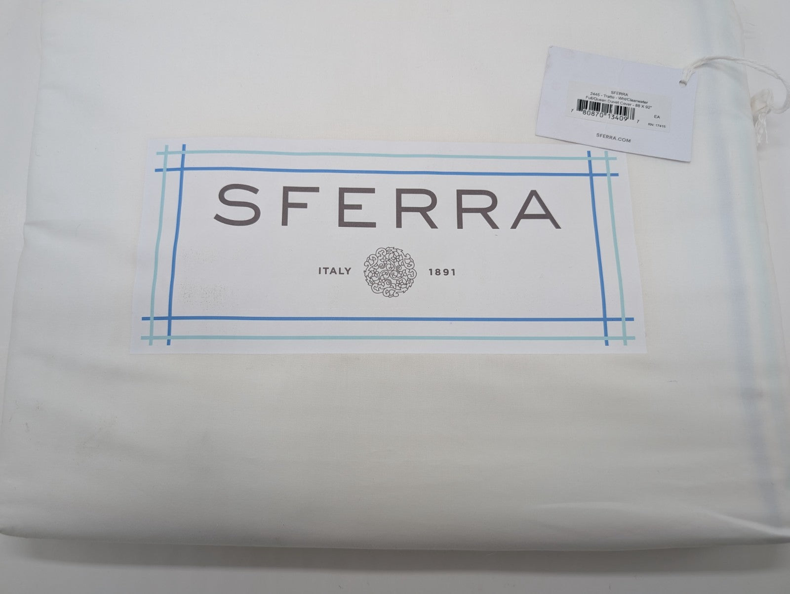 Sferra Tratto White Queen Duvet Blue Satin Stitch Line Embroidery Italy NEW0