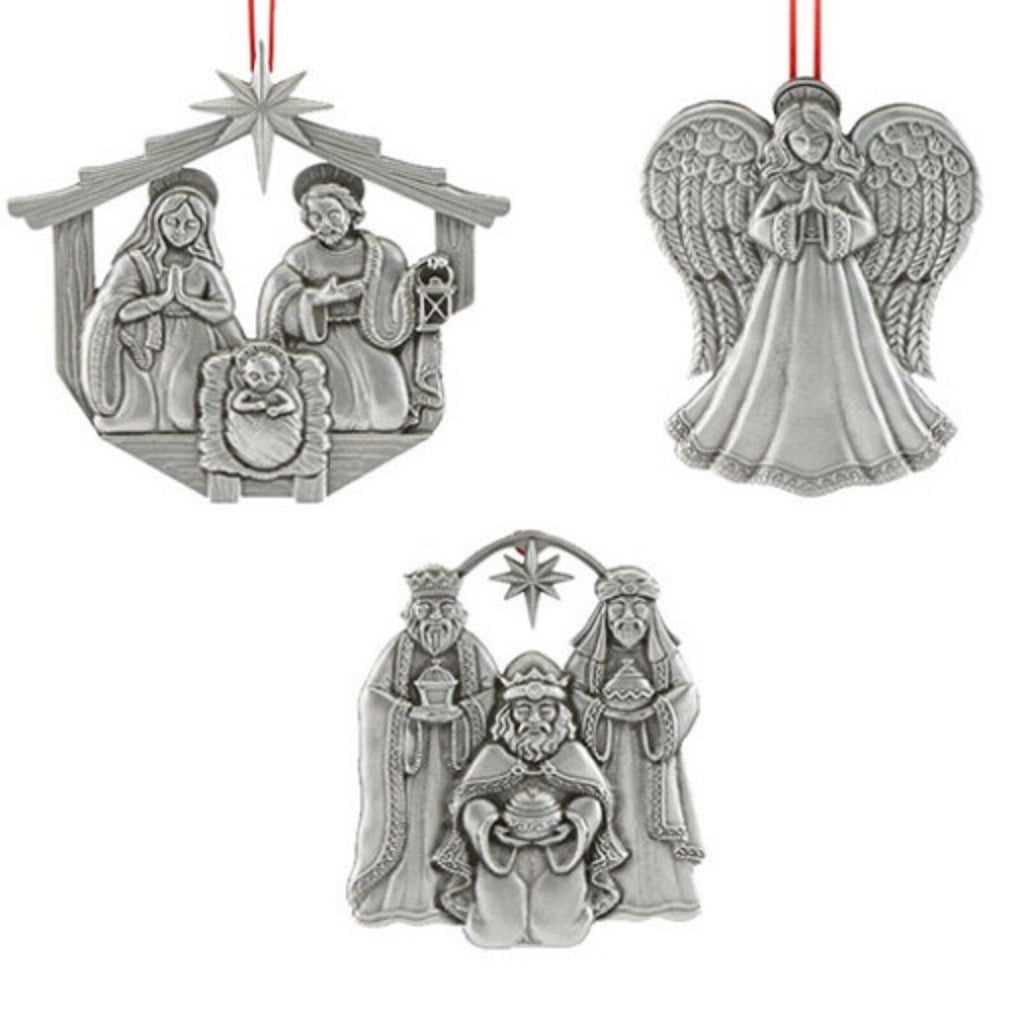 Reed & Barton Pewter Nativity Ornament Set 3 PC Family Kings Angel Christmas NEW0