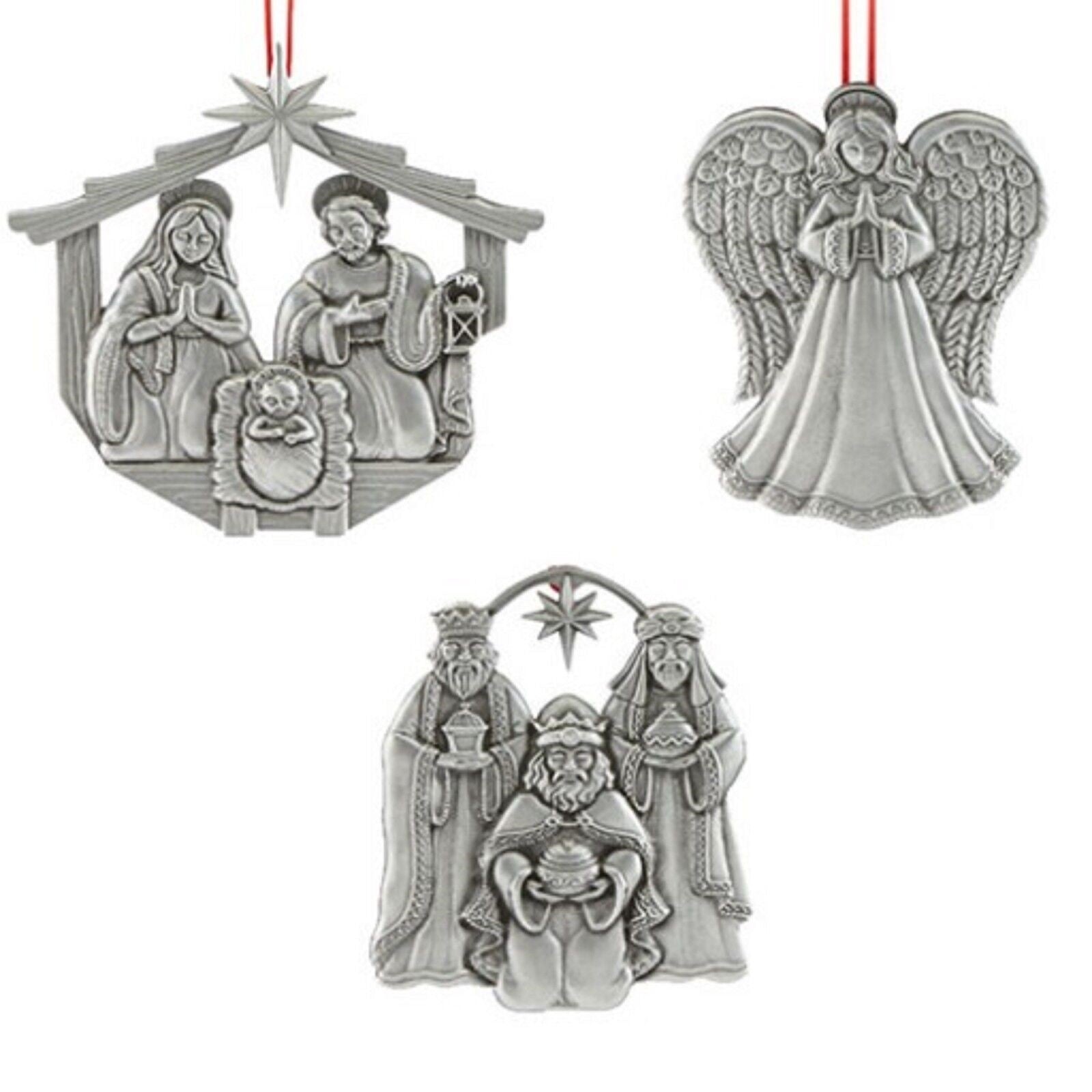 Reed & Barton Pewter Nativity Ornament Set 3 PC Family Kings Angel Christmas NEW0