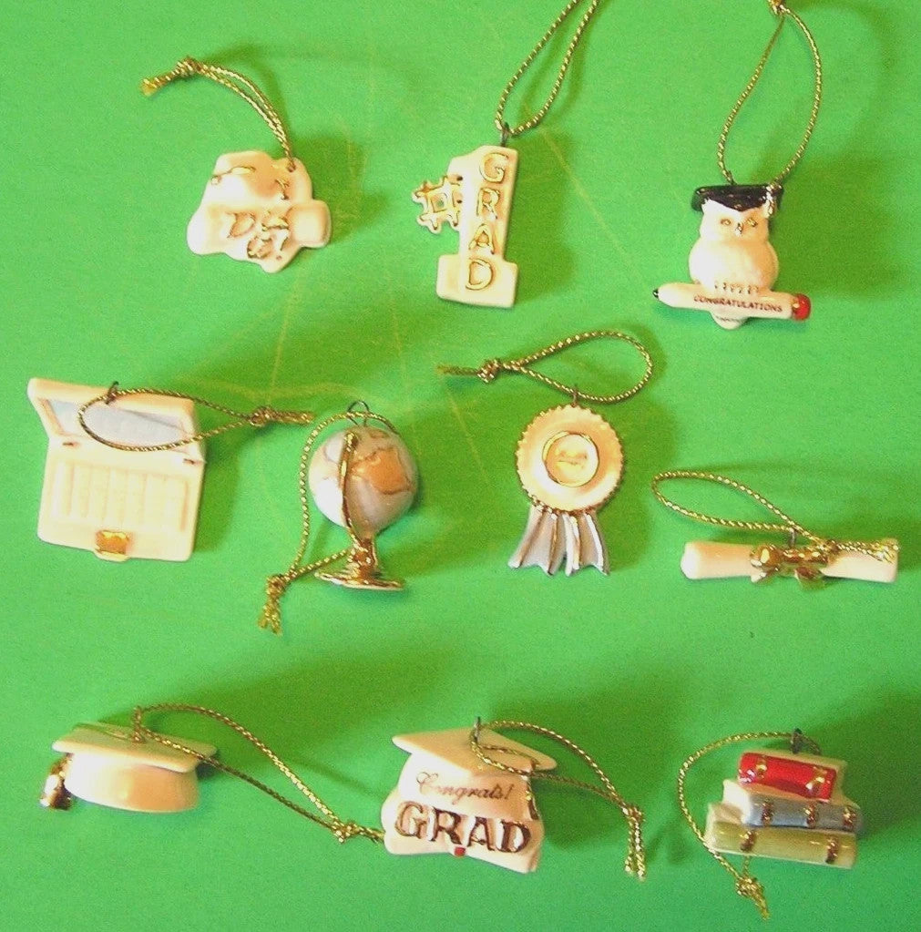 Lenox Graduation Miniature Tree Ornaments Set Of 10 Diploma Cap Owl Award NEW4