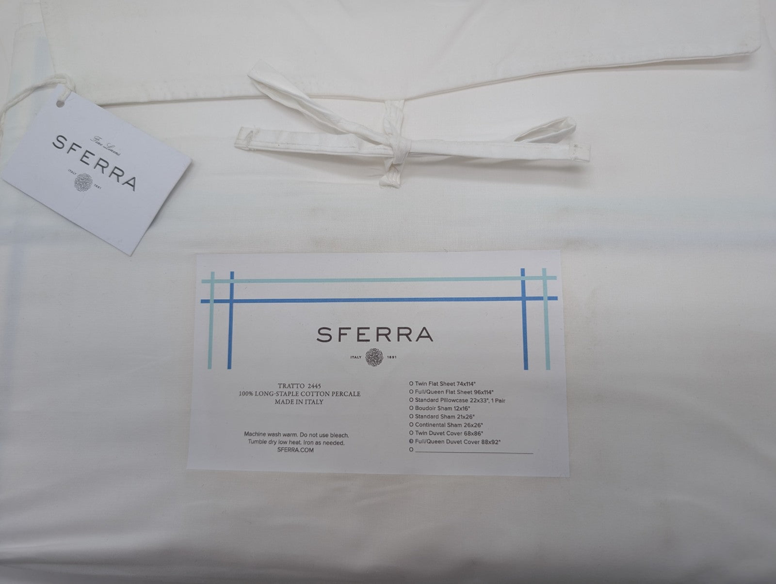 Sferra Tratto White Queen Duvet Blue Satin Stitch Line Embroidery Italy NEW12