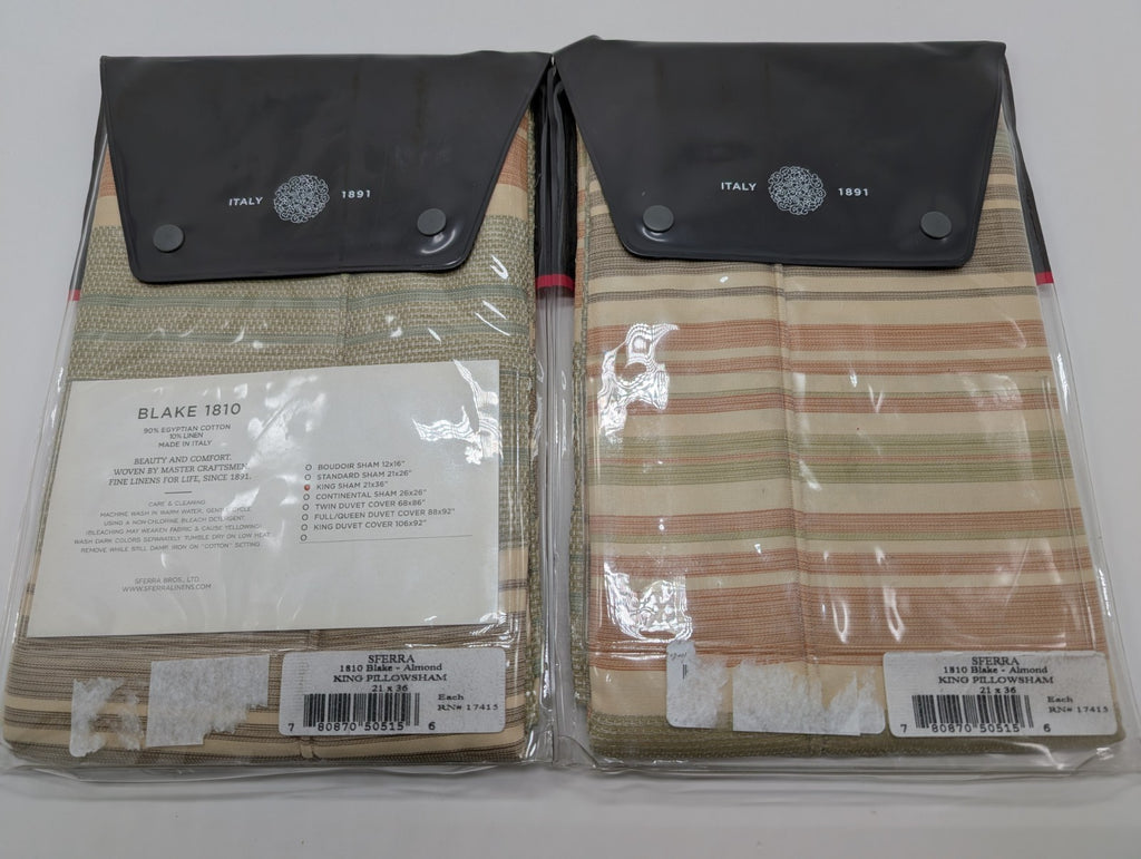 Sferra Blake King Shams 2 Egyptian Cotton/Linen Jacquard Stripes 600TC Italy NEW1