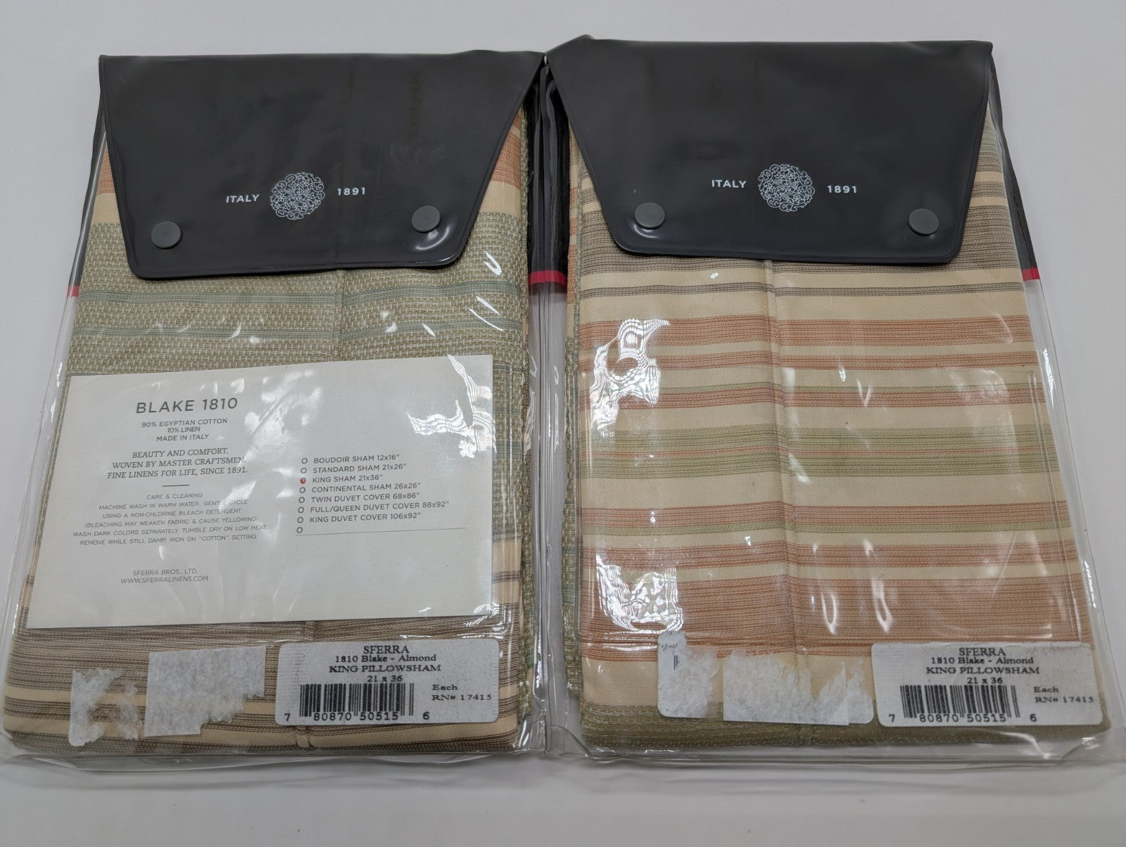 Sferra Blake King Shams 2 Egyptian Cotton/Linen Jacquard Stripes 600TC Italy NEW1