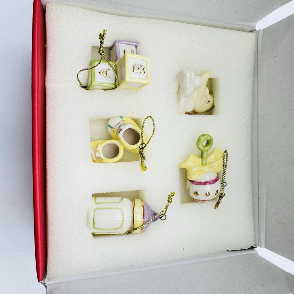 Lenox Baby Memories Mini Tree Ornaments Set 10 Booties Rattle Blocks Bottle NEW5