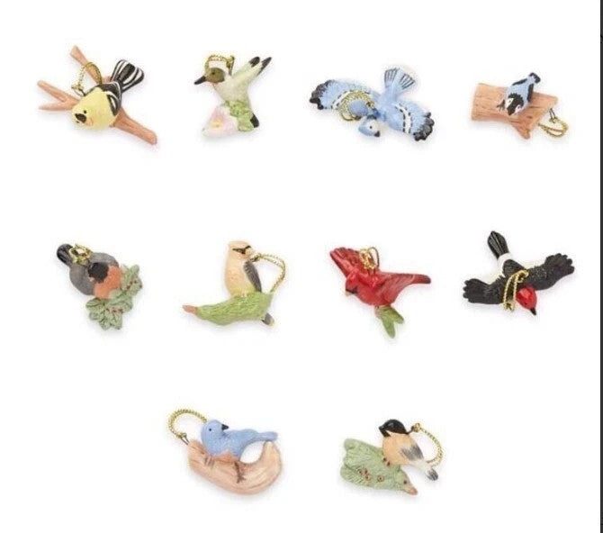 Lenox Garden Birds 10 Miniature Tree Ornaments Finch Blue Jay Robin Cardinal NEW7