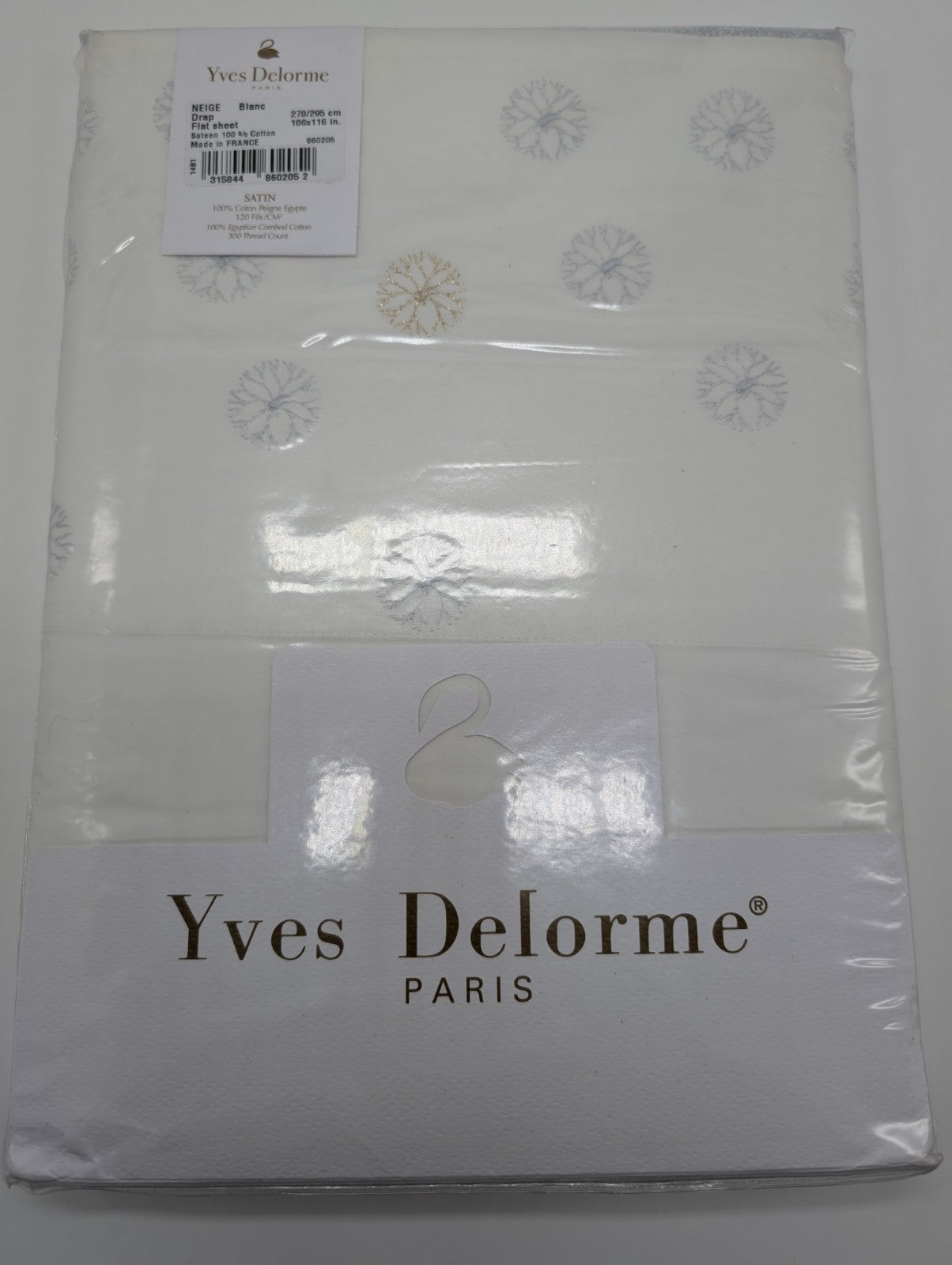 Yves Delorme Super King Flat Sheet Embroidered Snowflakes Egyptian Cotton LE NEW8