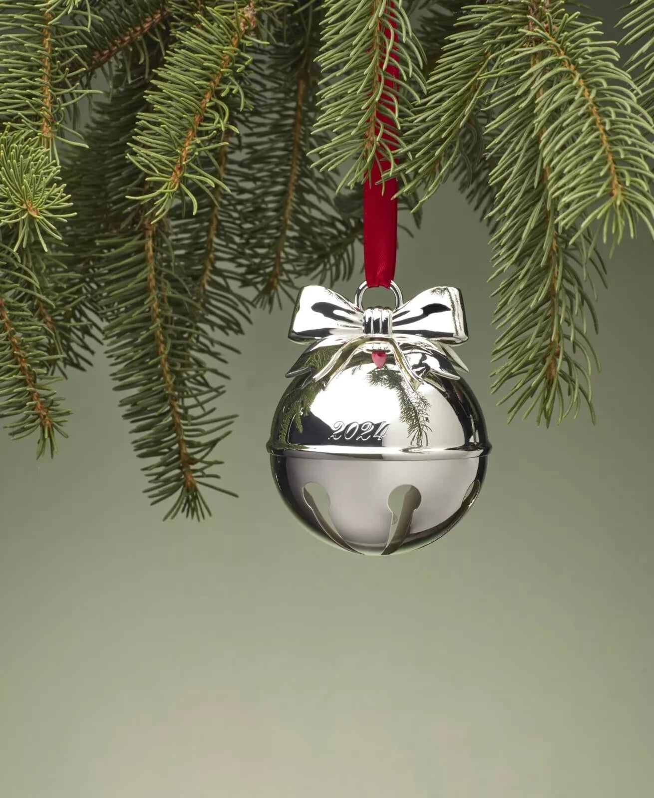 Lenox 2024 Jingle Bell Ornament Annual Silver Bow Red Ribbon Rings Christmas NEW1