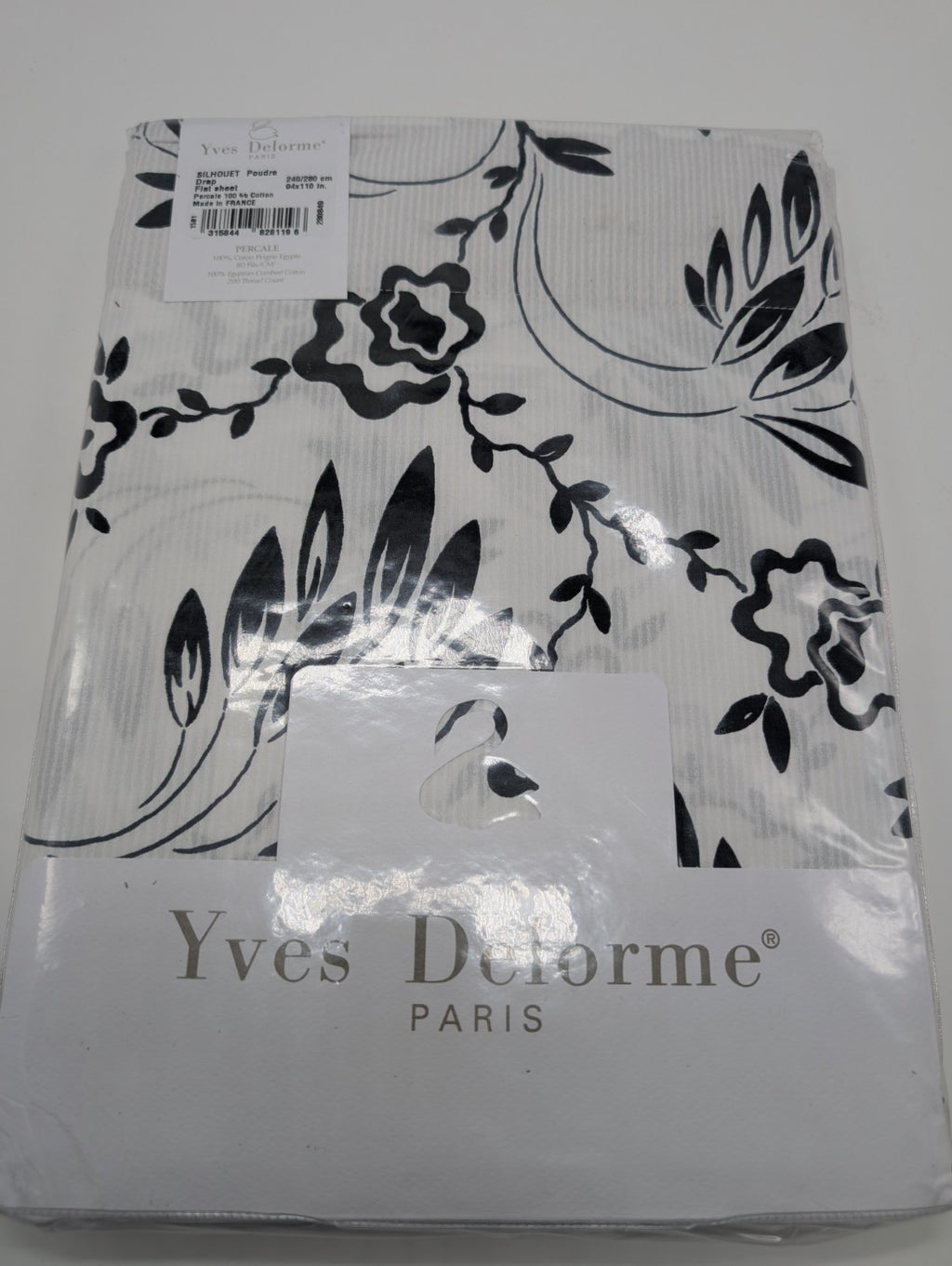 Yves Delorme Silhouette Queen Flat Sheet Black White Print Pink Cuff Percale NEW15