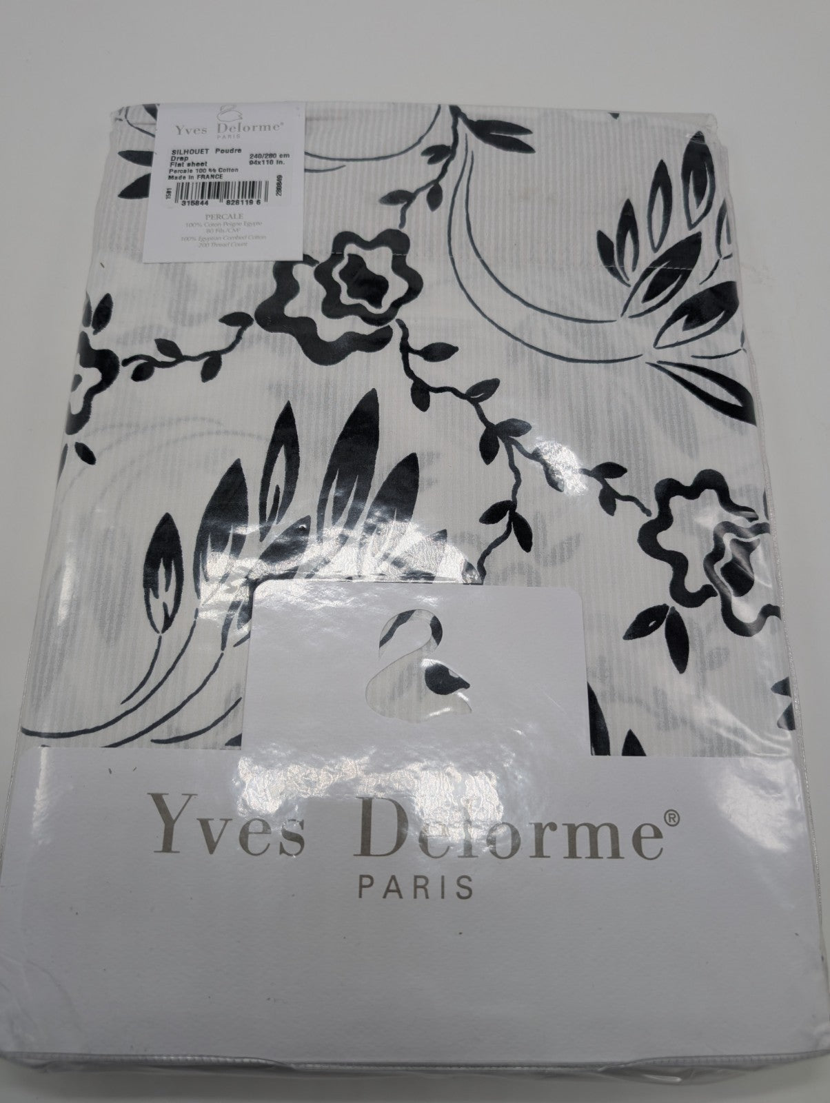 Yves Delorme Silhouette Queen Flat Sheet Black White Print Pink Cuff Percale NEW15